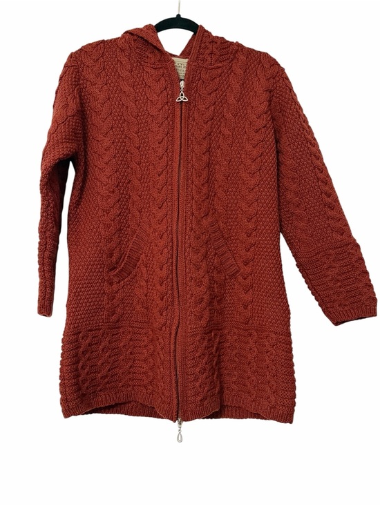 Aran Crafts Sweaters - Aran Merino Wool Cable Knit Hooded Zip Cardigan – Rust Red, Size Medium